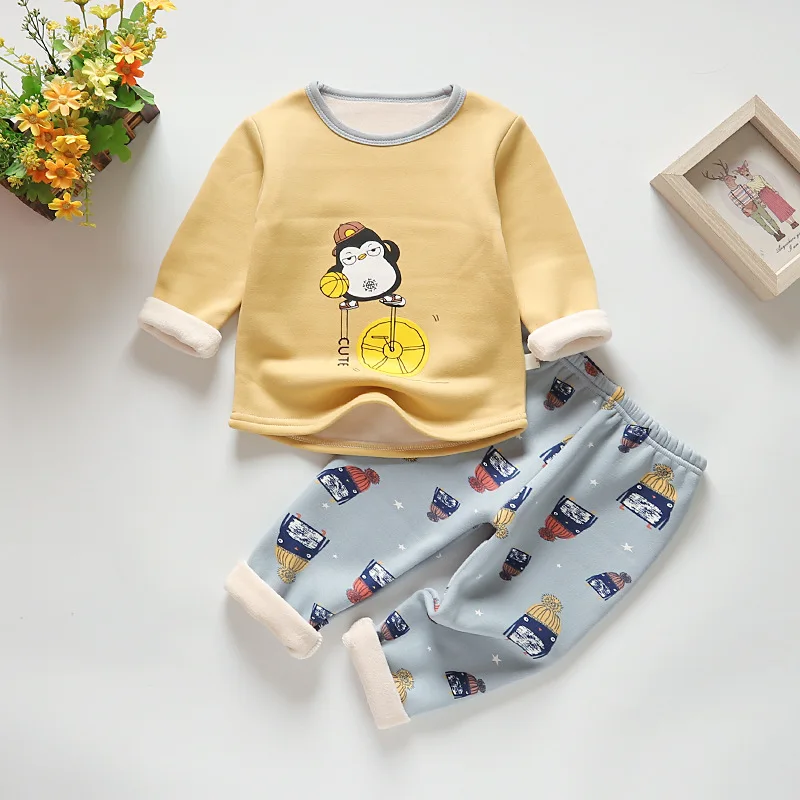 5KD309 HKXN/ детский комплект нижнего белья из мягкого бархата, комплект из 2 предметов, теплая одежда для маленьких мальчиков и девочек на осень и зиму для детей 0-1-2-3-4 лет - Цвет: 5KD309