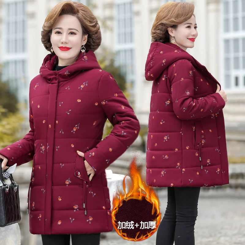 

Middle-aged Elderly Women Winter Jacket New Plus Velvet Warm Cotton Padded Jacket 5XL Female Basic Coat