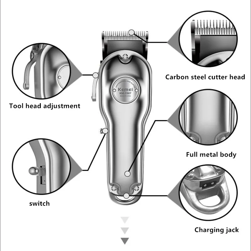 Kemei 1987 100-240V Professional Electric Full Metal Hair Clipper Cordless Hair Clipper Men Silver Gold Hair Clipper