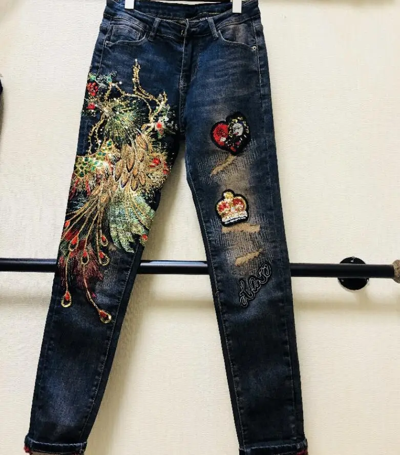 Women's Korean Fashion High Waist Phoenix Embroidery Jeans