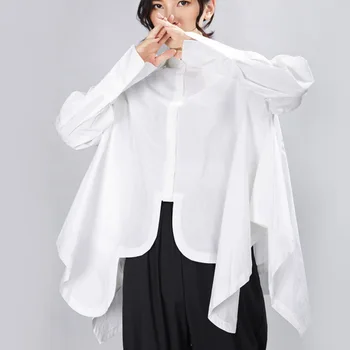 

Women Spring Autumn 2020 New Style Irregular Pleated Blouse Loose Turn Down Collar Long Sleeve Irregular Hem Shirts Big Size