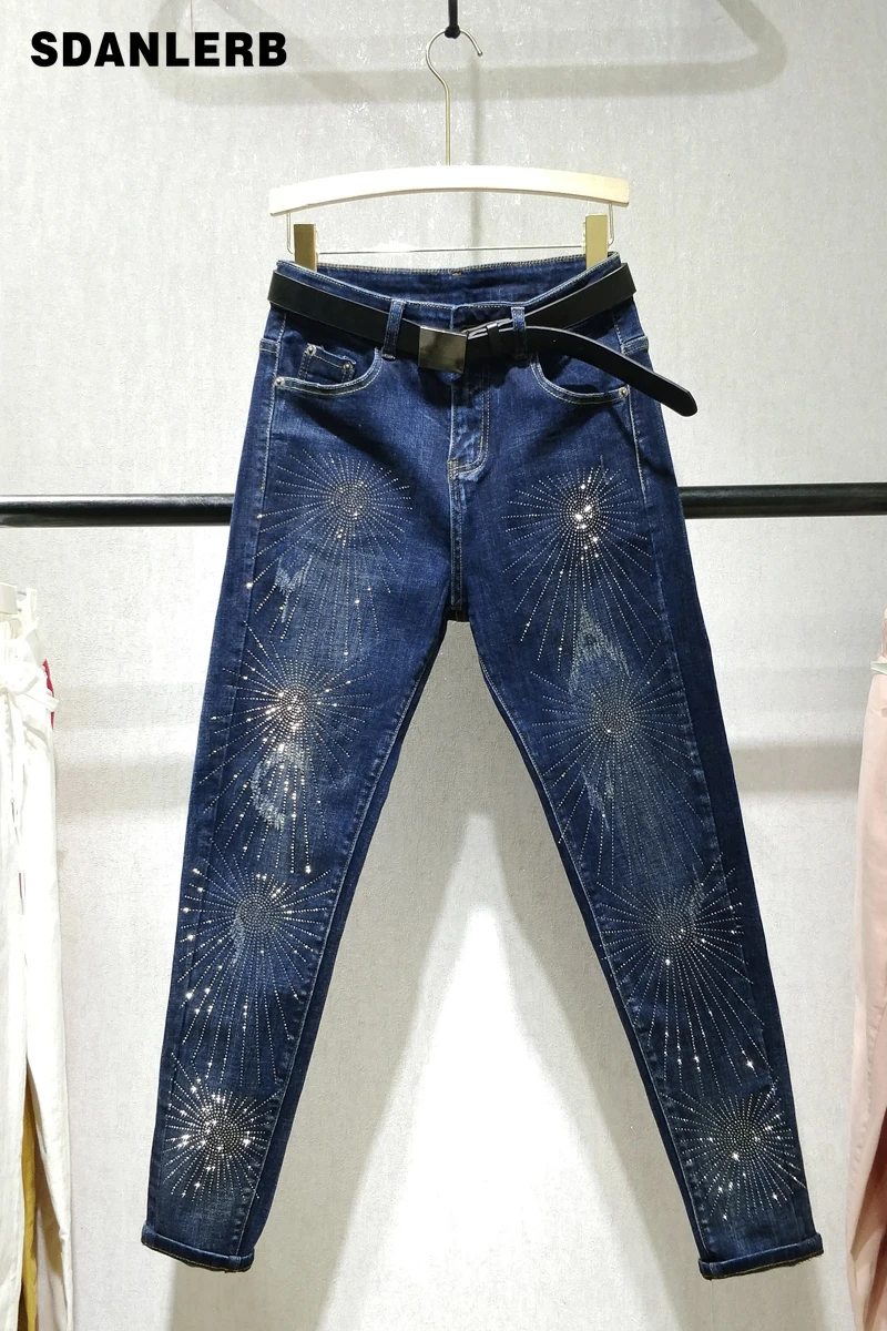Heavy Industries Drilled Jeans dark blue denim Pants for women New Autumn wear Women's High Waist Slim Pencil Pants trousers