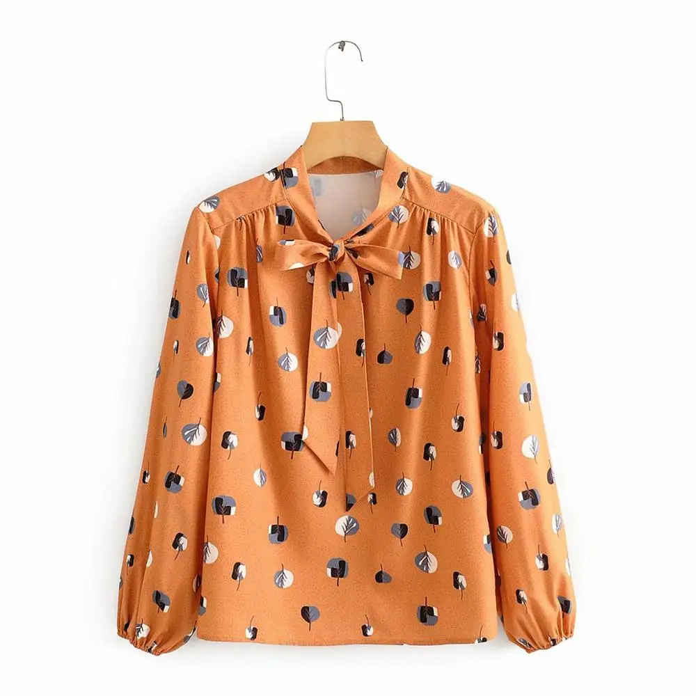 Женская элегантная блузка кимоно с принтом листьев и воротником бантиком в стиле