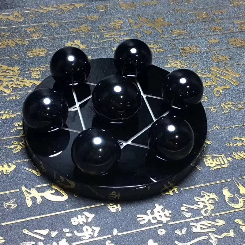 base 12cm ball 2.5cm Натуральный обсидиан семь звезд массив украшения ветер вода шар кристалл украшения для дома и офиса - Цвет: base 12cm ball 2.5cm