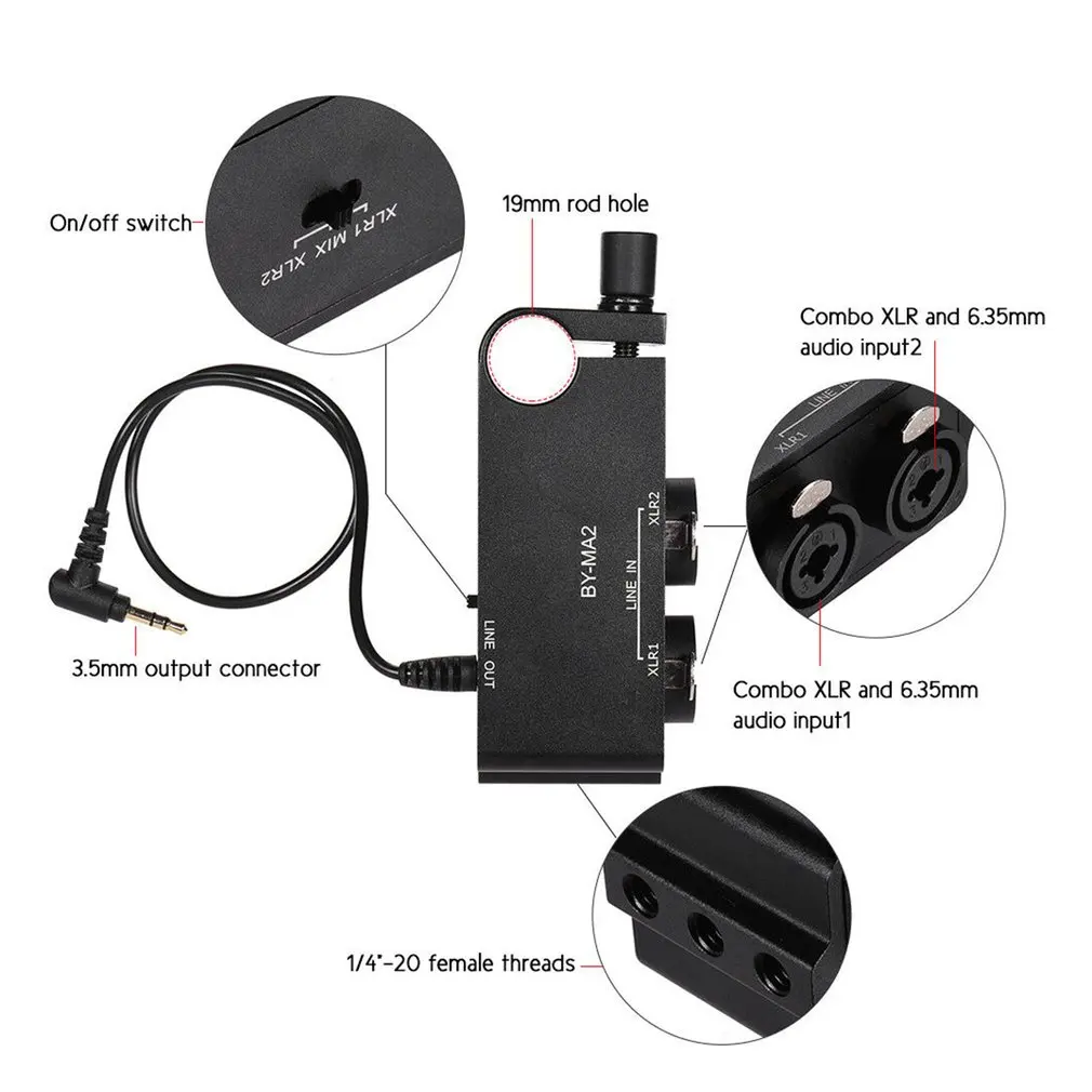 BY-MA2 Двухканальный аудио микшер XLR Jack 6,5 мм до 3,5 мм Беспроводная микрофонная система для DSLR камеры