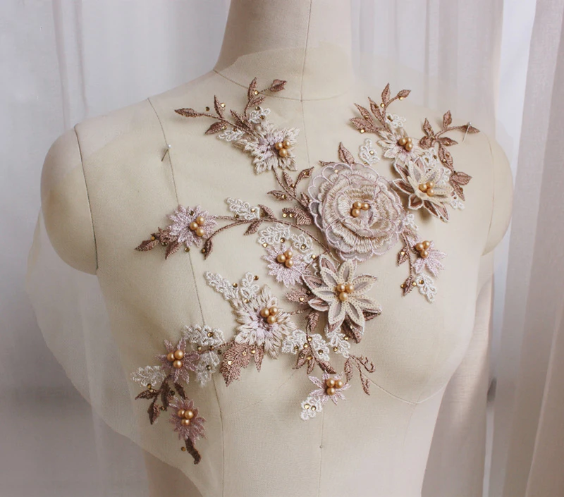 Многоцветные 3D Цветы кружевная ткань аппликации вышивка бусины сетка пришивная