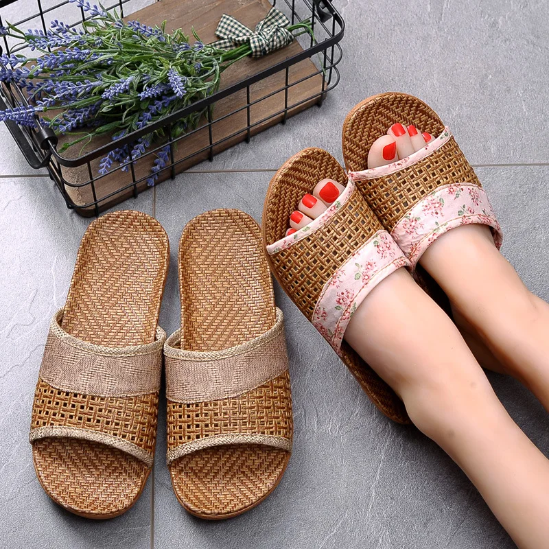 

Boho Beach Summer Women Shoes Straw Floral Slippers Elegant Indoor Ladies Sandals Flax chaussure femme Couple shoes Flip Flops