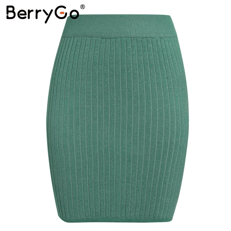 BerryGo элегантные трикотажные юбки с эластичным ремешком Женская осенне-зимняя теплая прямая женская юбка ребристая однотонная короткая женская юбка