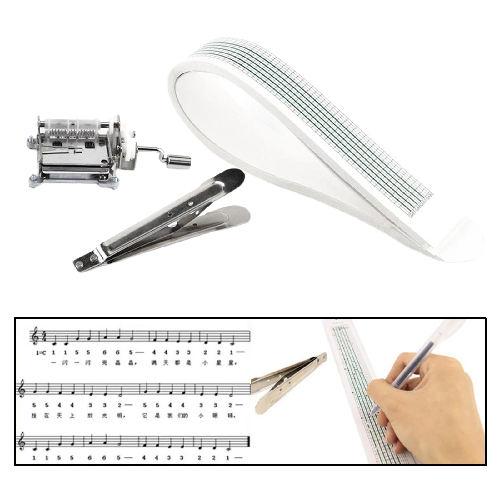DIY Tune Hand Crank Music Box Movement 15 Note + Hole Puncher + 20 Paper Tapes