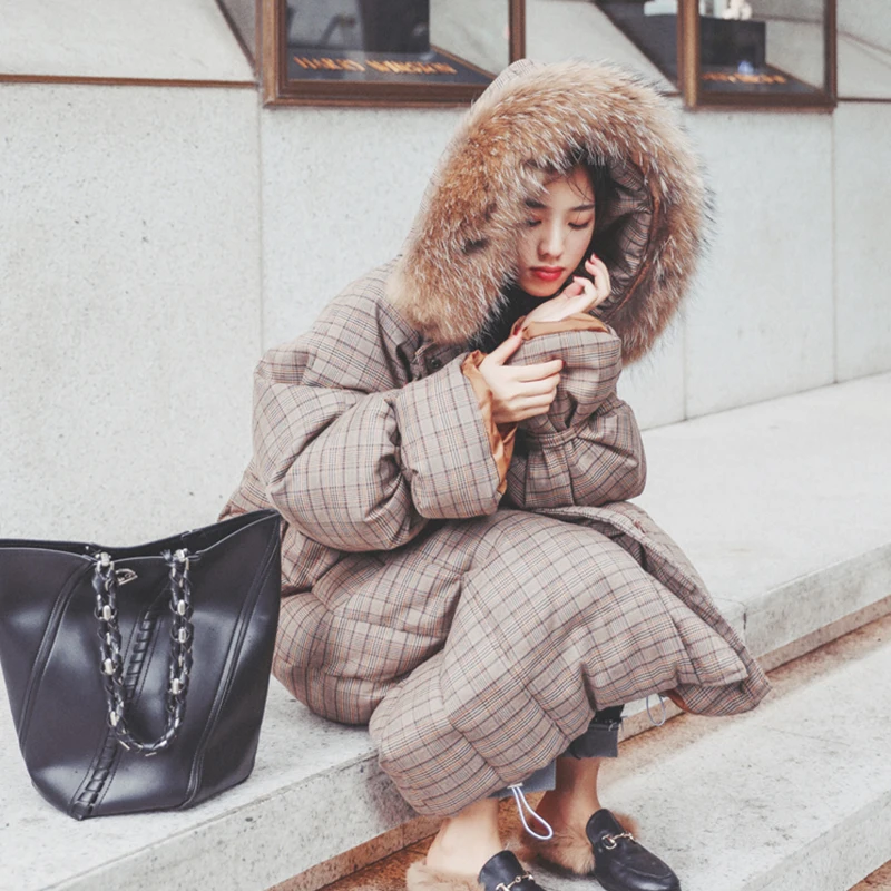 2019 зимняя куртка женская стеганая Большие размеры клетчатая длинная меховая с