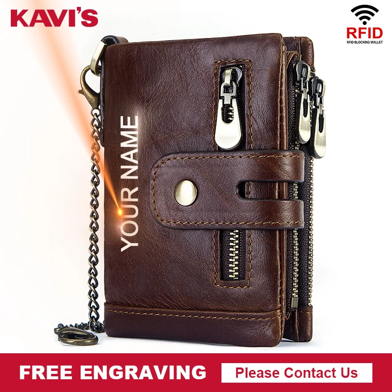 KAVIS-cartera de cuero de vaca genuino para hombre, billetera con grabado gratis Rfid, monedero, PORTFOLIO para hombre, Portomonee, Walet pequeño