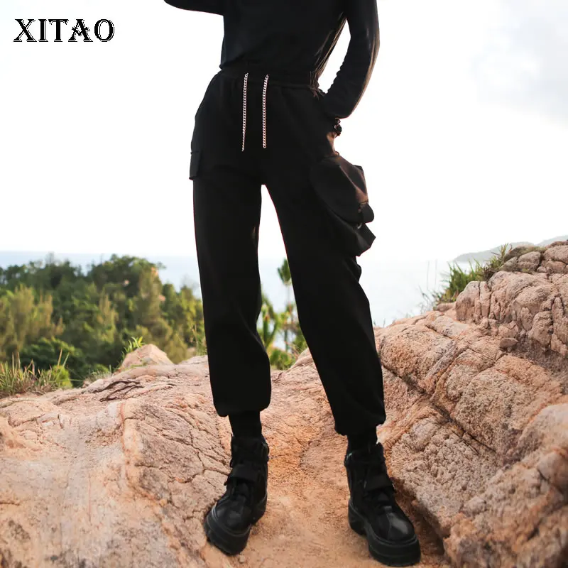 

XITAO Personality Big Pocket Black Cargo Pants Women Clothes 2019 Fashion Iron Chain Drawstring Elastic Waist Pants New GCC1910