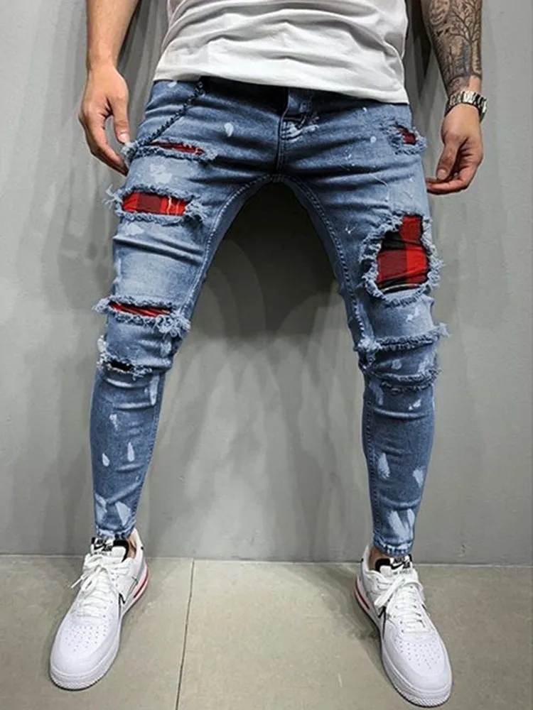 

2021 Jeans Men Skinny Beggar Red Patchwork Denim Hole Wash Vintage Hip Hop Work Trousers Slim Printed Ropa hombre