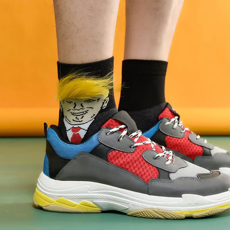 Men Women Funny American President Portraits Crew Socks with 3D Realistic Yellow Hair Novelty Cotton Tube Hosiery Crazy Gag Gift