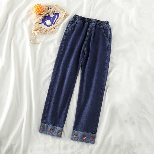 Neploe, женские повседневные джинсовые брюки с высокой талией, прямые брюки, свободные джинсы с вышивкой клубники из мультфильма, джинсовые штаны до щиколотки 56209 - Цвет: Dark Blue