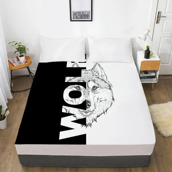 

1PC Fitted Sheets Mattress Cover With Elastic Band 3D Bedsheet Linens 200x200 160x200 Bed Sheet Black and white wolf