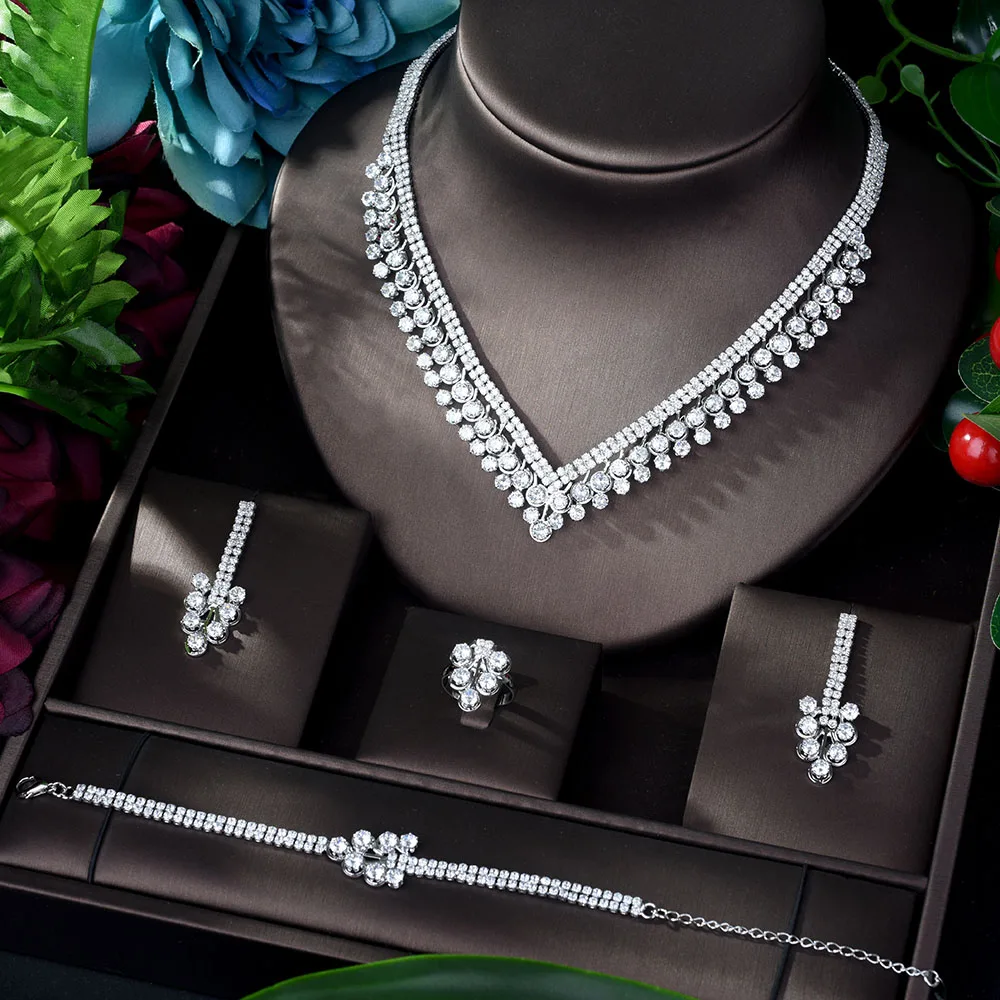 HIBRIDE, сверкающий, Pave CZ, Дубай, ювелирный набор,, женский, Свадебный, циркониевый, в форме листа, медный, 4 шт., ювелирный набор, колье, mariag N-896