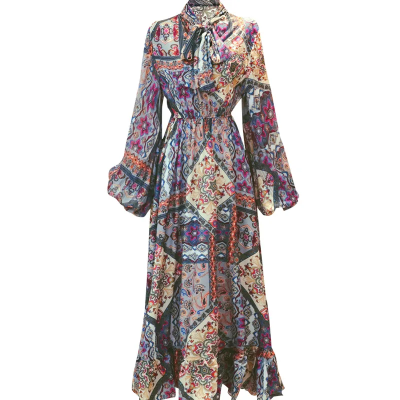 Holiday national style printed chiffon dress lantern sleeve autumn dress 2020 new female Office Lady  Sheath  Knee-Length
