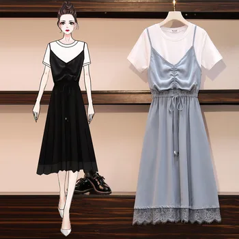 

COIGARSAM 4XL Plus Size Patchwork Women dress Summer Lace Spaghetti Strap High Waist Dresses Black Light Blue 8898