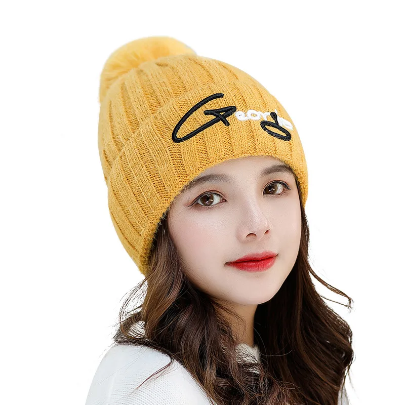 New Winter Knitted Beanies Hats Women Pompom Letter Knit Hat Fashion Solid Color Warm Beanie Skullies Hat Female Winter Cap