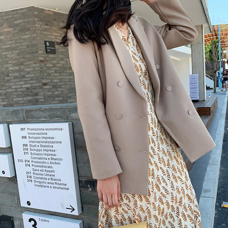 Elegant Double-breasted Women Blazer Notched Collar Work Style Female Suit Jacket Casual Brief Blazer Outerwear