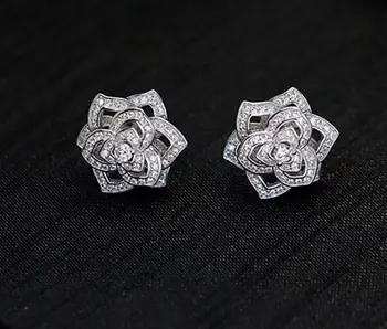 

925 Sterling silver Elegant cz crystal Hollow camellia earring Romantic garden rose flower earring silver wedding party jewelry