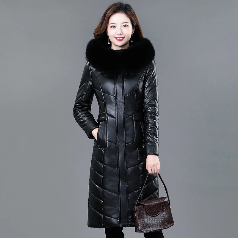 Black With Black Fur Воротник из натурального Лисьего меха, зимняя куртка на утином пуху, Женская Длинная кожаная куртка, женское пуховое пальто, зимняя кожаная куртка с капюшоном размера плюс 7XL - Цвет: Black With Black Fur