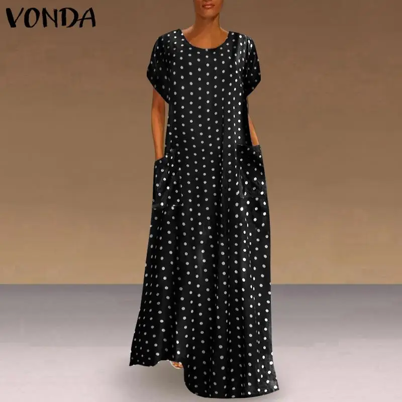 

2020 Summer Pockets Dress VONDA Vintage Polka Dot Dress Printed Maxi Sundress For Women Casual O Neck Long Vestidos Party Robe