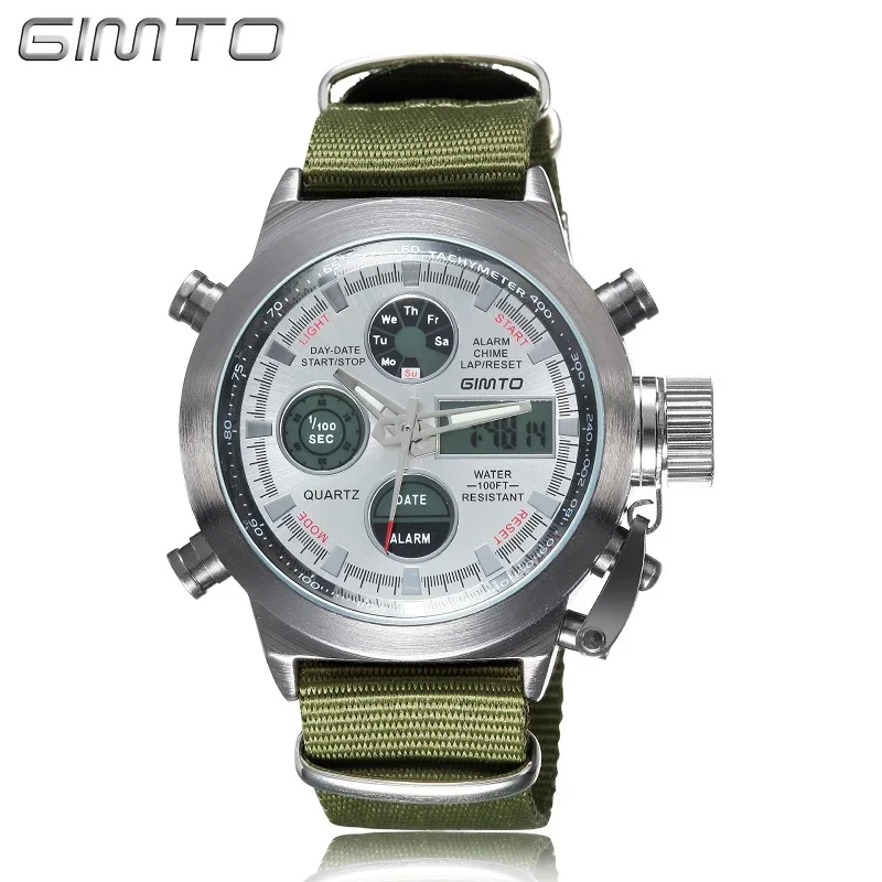 GIMTO, мужские спортивные часы, цифровой светодиодный, военные армейские часы, многофункциональные, водонепроницаемые, для дайвинга, кожа, нейлон, мужские повседневные кварцевые часы