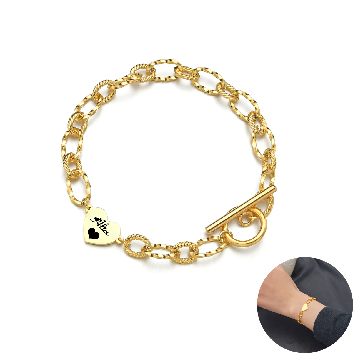 

Acheerup Customized Thick Chain Heart Pendant Bracelet For Women Engraving Name Numbers Stainless Steel Bracelet Jewelry Gift