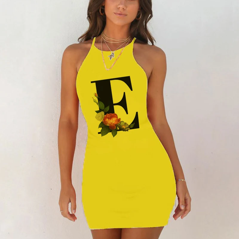 Sexy Nightwear Sleepwear Nightgown Night Shirts Summer Women 26 English Alphabet Print Pack Hip Nightie Yellow Night Dress women nightgowns women nightdresses sleeping dress