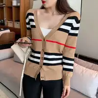 2020 New Autumn Striped Knitted Cardigans Sweater Women V-neck Casual Sweater Coat Female Office Lady 2