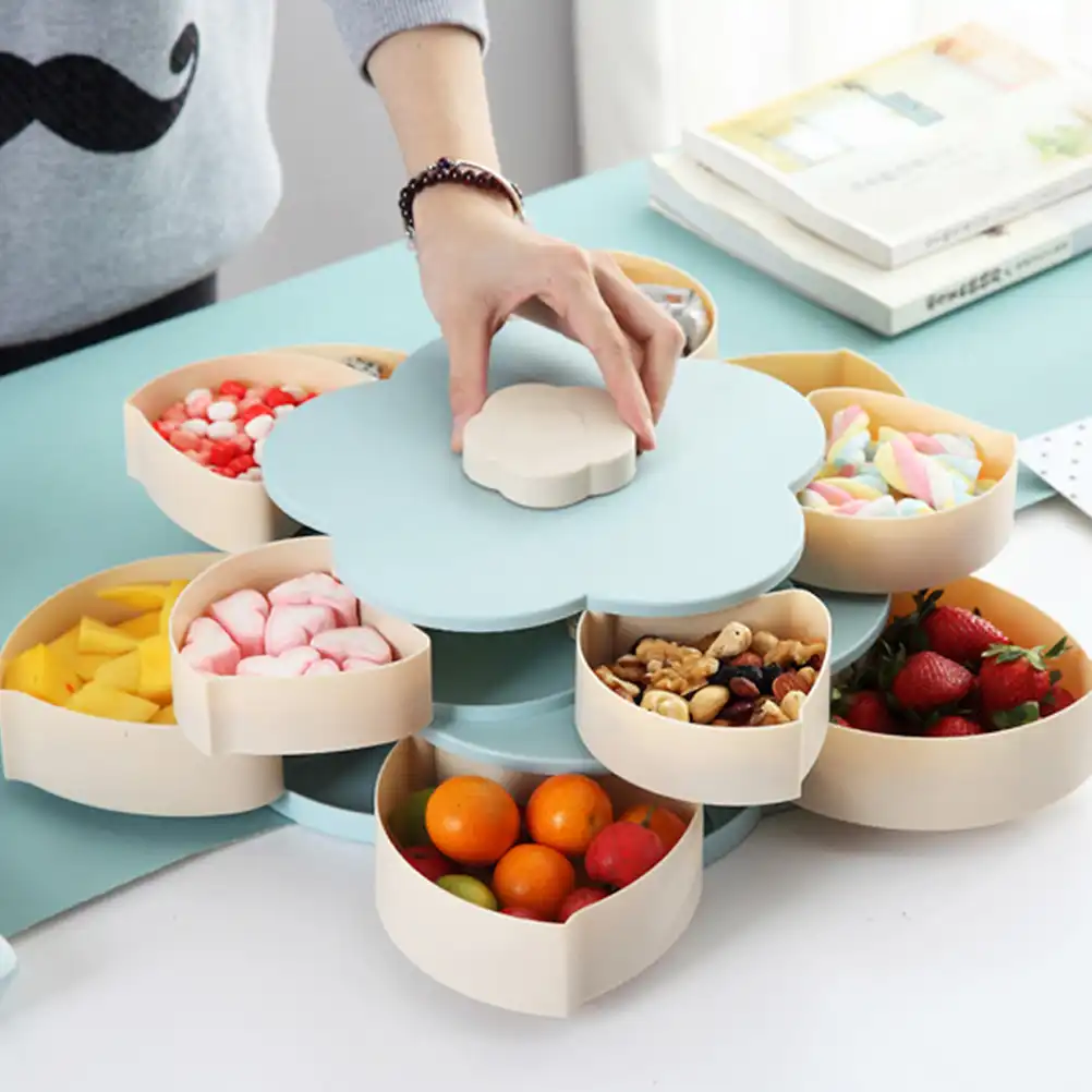 Flower Design Rotating Candy Box 2-Layer Dried Fruit Plate Snack-Serving Tray Flower Design Rotating Candy Box 2-Layer Dried Fruit Plate Snack-Serving Tray