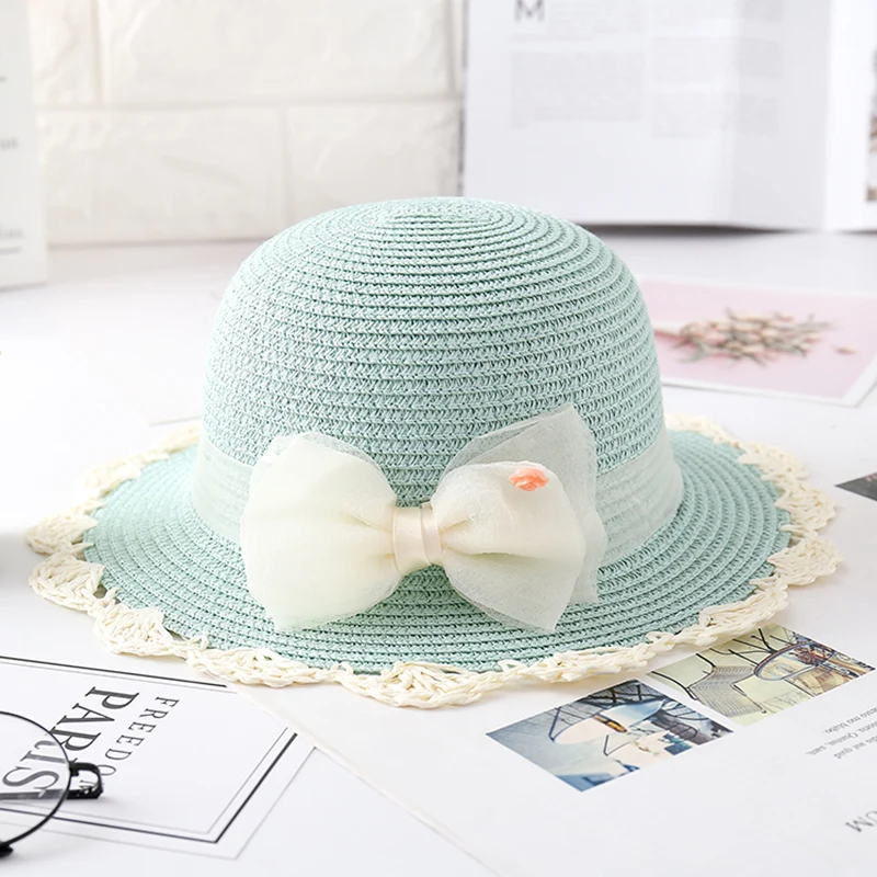 light blue white Недавно Для детей, на лето Милая тканевая, соломенная шляпа Шнуровка с бантиком-узел защита от солнечных лучей на пляже Зонт Шапки для конкурсов красоты для маленьких девочек ИК-лепно - Цвет: light blue white
