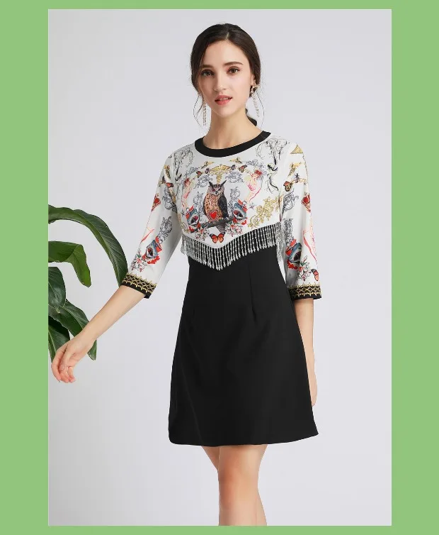 Модное новое осеннее платье moda feminina vestido de festa, рукав семь четвертей, шарф с принтом, украшенное бисером, кисточками, Черное мини-платье