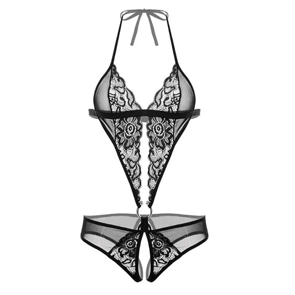 Open Crotch Bodysuit Women Sexy Halter Hollow Out Deep V Flower Lace Bodystocking Exotic Body Suit Dentelle Femme | Тематическая