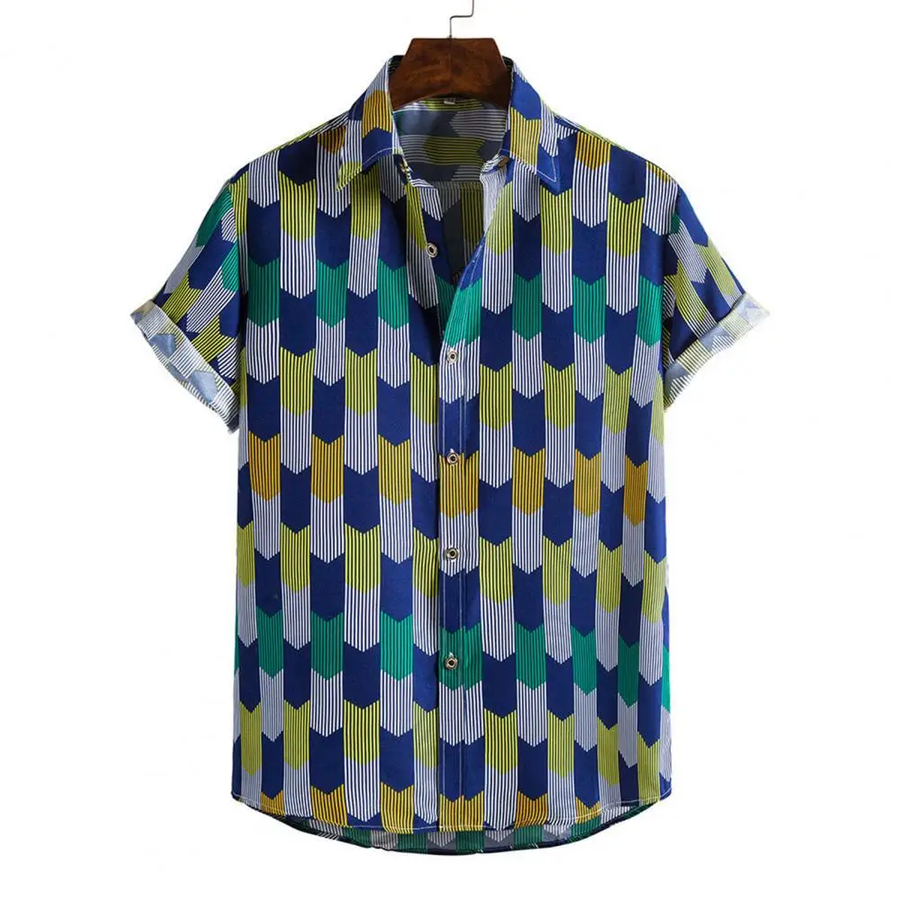 Summer New Fashion Casual Men Stripes/Tree Printed Short Sleeve Turn-down Collar Slim Hawaiian Shirt Beachwear for Travel
