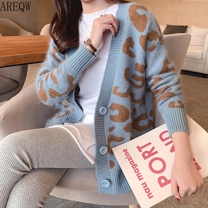

2019 Spring and Autumn New Lazy Leopard Sweater Women's Coat Korean Loose Knitted Cardigan Tops Tide