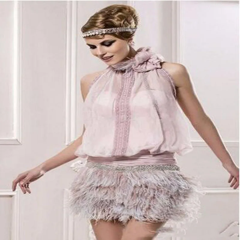 Same as image Розовые элегантные коктейльные платья Оболочка HalterChiffon перо бисером Элегантное короткое платье для выпускного вечера - Цвет: Same as image
