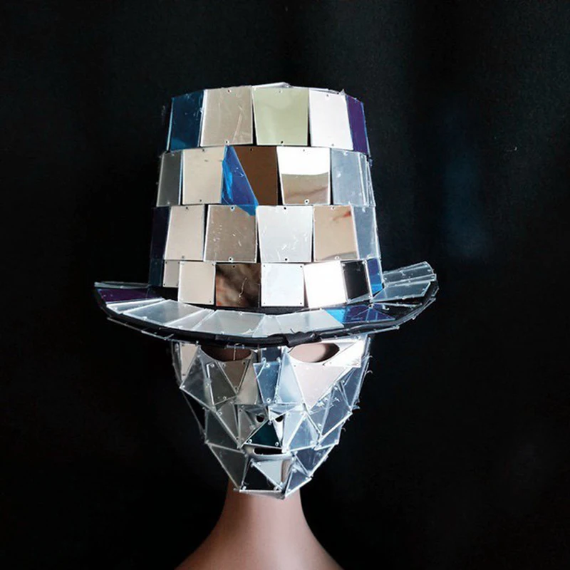 Shiny Handmade Custom Mirror Man Hat Mask Silver Lens Headwear Stage Performance Props Bar Clubwear Gogo Dance Wear XS2306 cha cha men's clothing Stage & Dance Wear