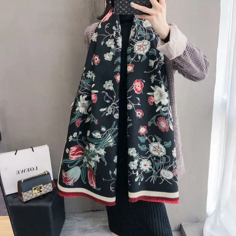 

Brand 2020 New Arrival Adult Hijab Winter New Cashmere Scarf Flowe Thick Shawl And Women Warm Bandana Scarves Cachecol Pashmina