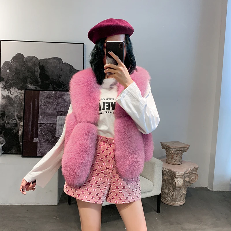 ZDFURS* Natural Real Fox Fur Vest 50 cm Winter Short Thick Women Fur Vest Sleeveles Jacket Pockets Real Fur Vest Coats Slim Park - Цвет: dark pink