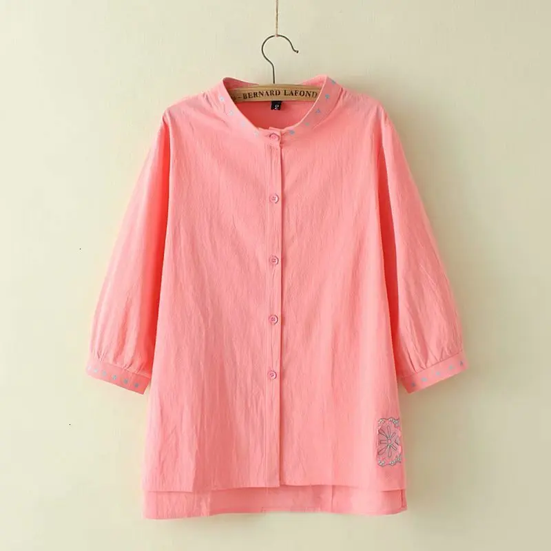 

Plus size Cotton unbuttoned women's blouse 2019 spring summer ladies stand collar three -quarters sleeves women's tops