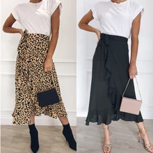 Стильная женская юбка, леопардовая расцветка, с оборками, асимметричная юбка, вечерняя, повседневная, праздничная юбка