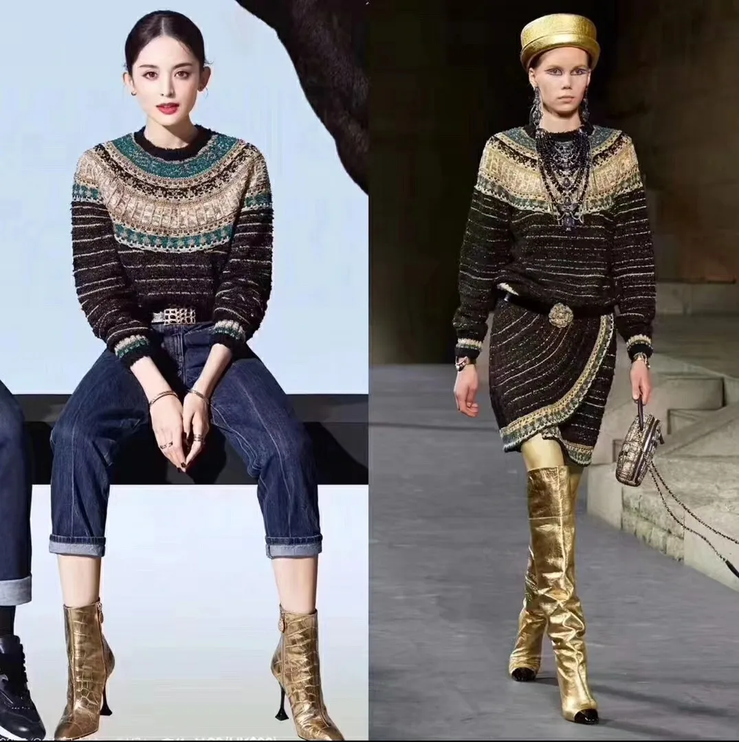women's autumn Taiwan Knitting 2-piece gold thread long sleeve sweater totem Egyptian miniskirt