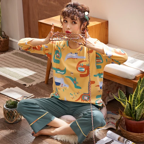 CYT heyi 419huang RN-9, Moonwear, хлопок, круглый вырез, пижама для беременных, набор, послеродовой костюм для кормления грудью, весна, для беременных, Повседневная Домашняя одежда, костюм - Цвет: CYT heyi 419huang