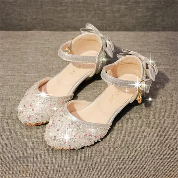

Girls Sandals Rhinestone Bow Pink Latin Dance Shoes Summer High Heel Crystal Princess Shoes Kids Soft Sole Party Pumps For Littl