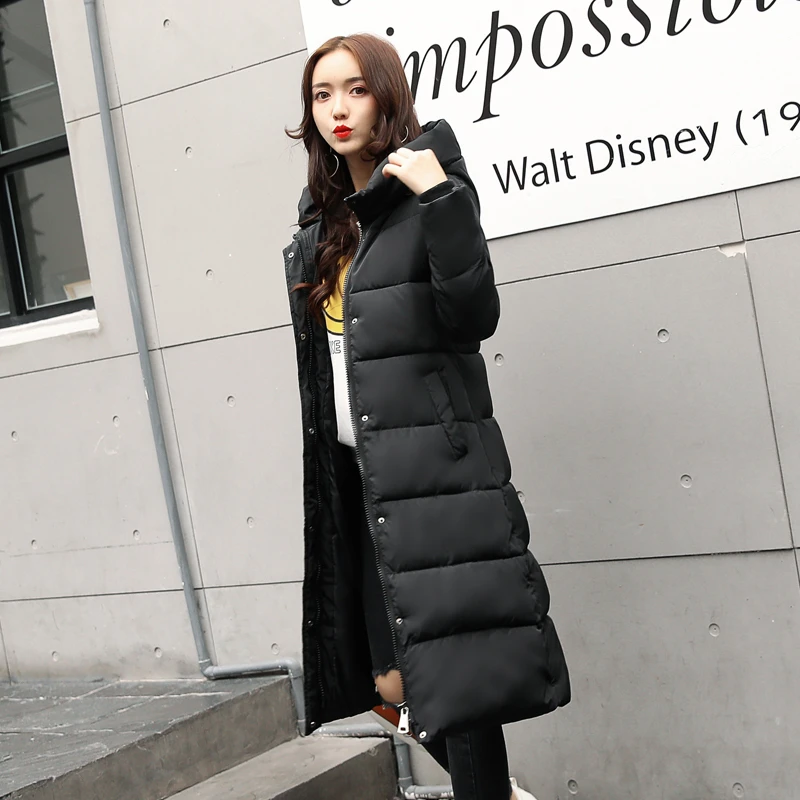 Новинка, Женское зимнее пальто с капюшоном, с хлопковой подкладкой, длинная куртка, пальто для женщин, высокое качество, теплая плотная верхняя одежда с цветочным принтом MY76 - Цвет: Black