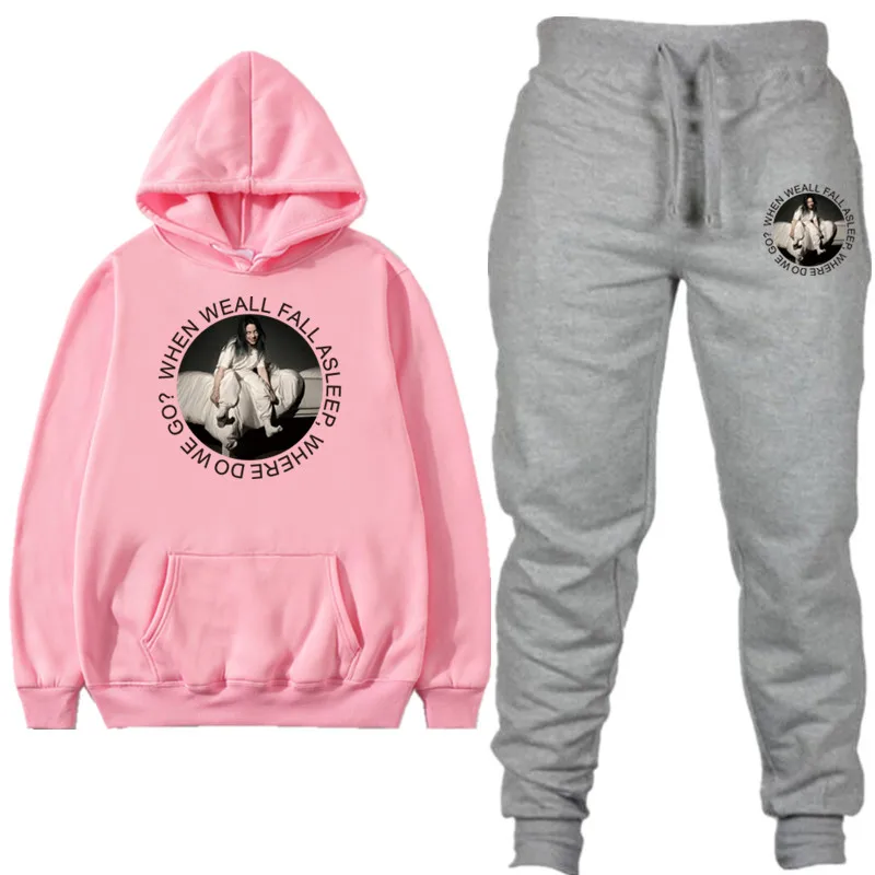 13 Pink gray Новая мода Billie Eilish, мужские толстовки с длинным рукавом+ штаны, мужской спортивный костюм, костюм для улицы, Мужской Женский комплект, повседневная спортивная одежда, костюм - Color: 13 Pink gray