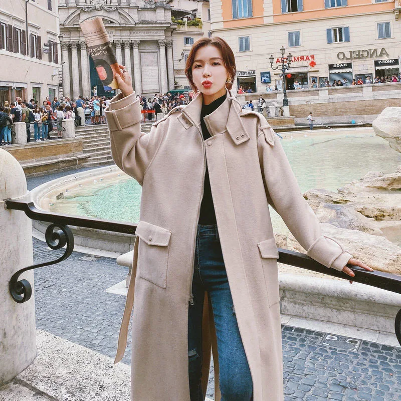 

Woolen Jacket Women's Mid-length 2020 Autumn And Winter New Korean Loose-Fit Stand Collar Hepburn Wind Waist Hugging Popular Woo
